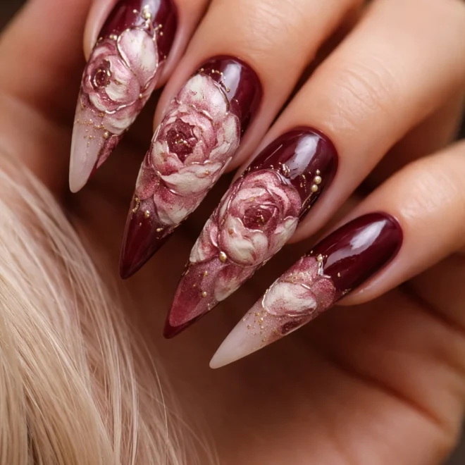 14 Stiletto Nails With Raised Flower Designs