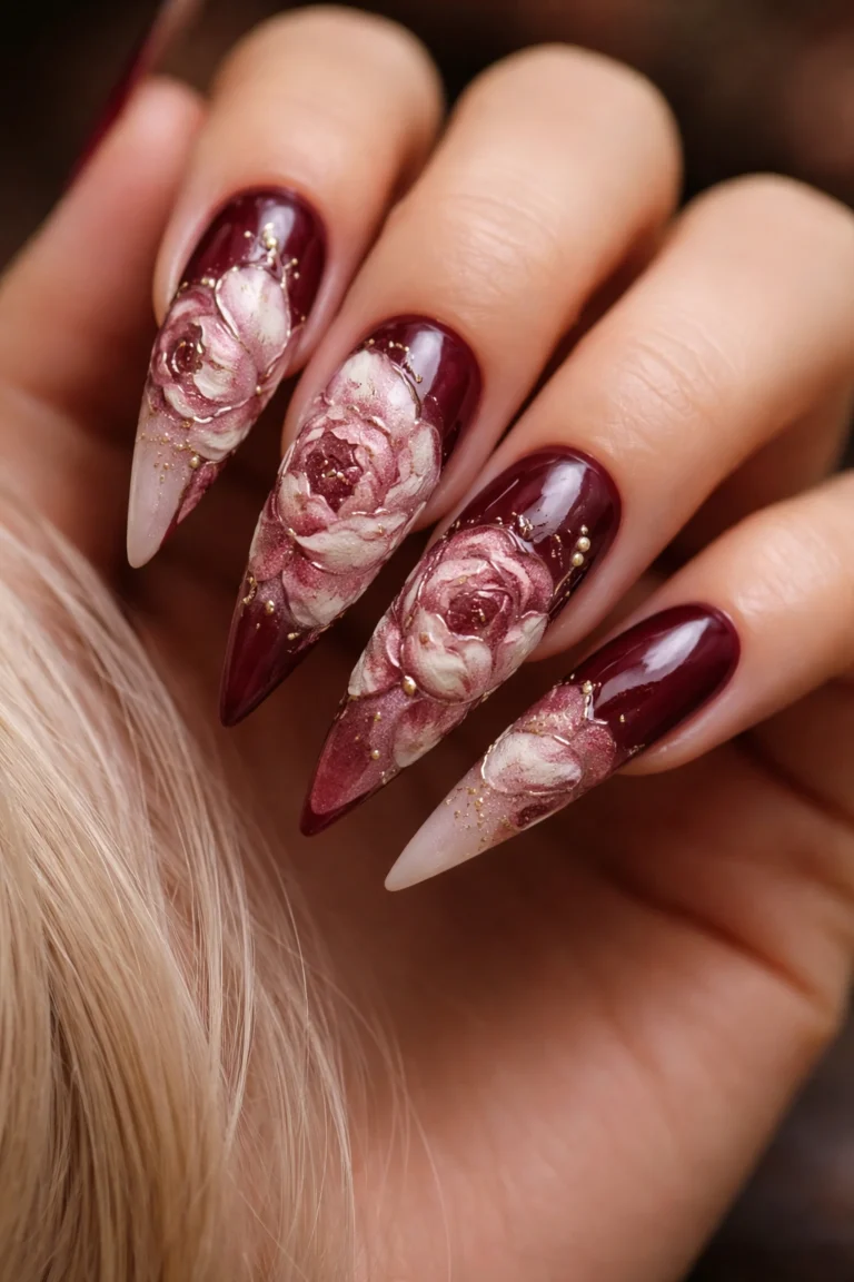 14 Stiletto Nails With Raised Flower Designs