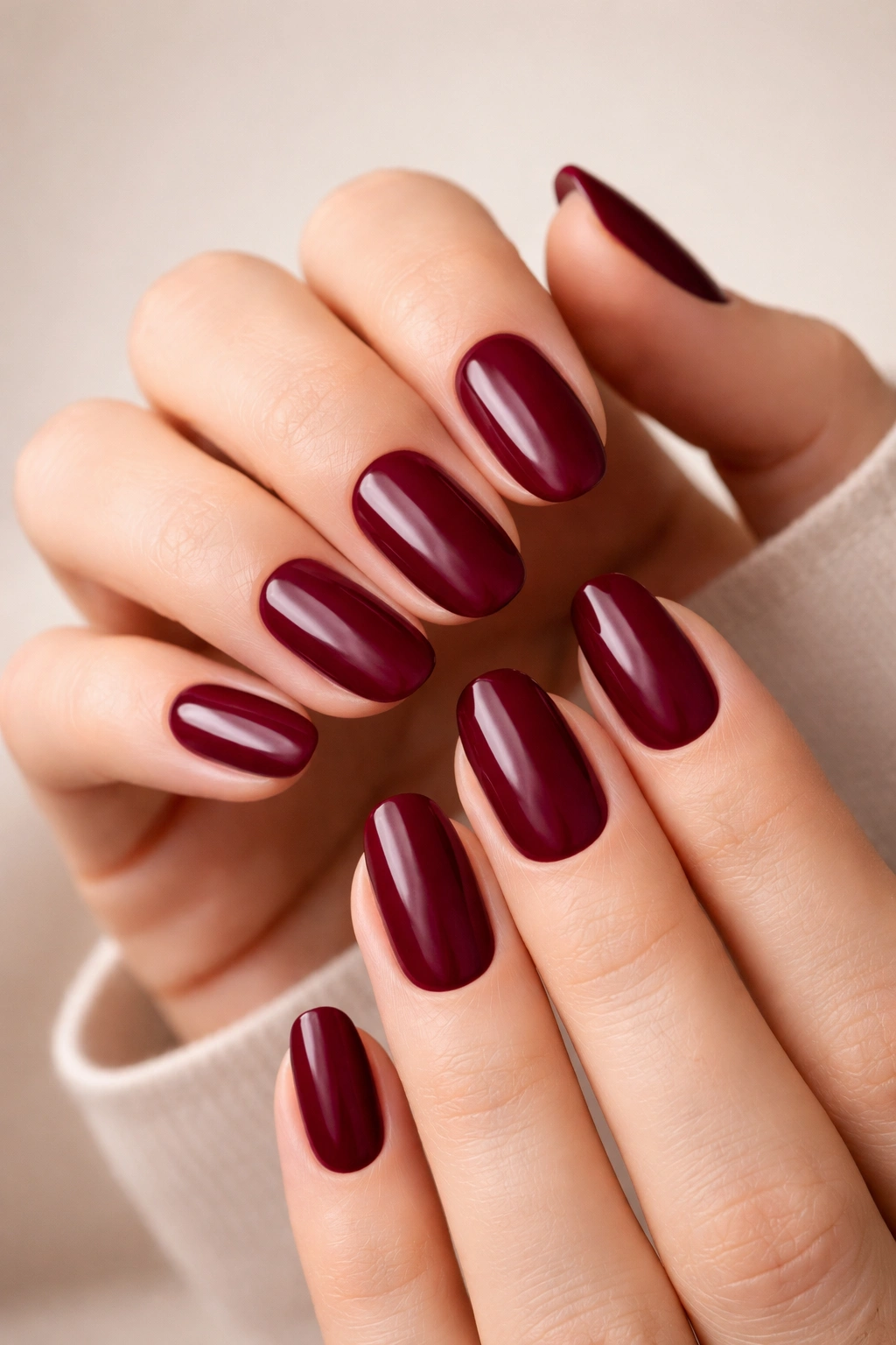 Close-up of hands with burgundy nails