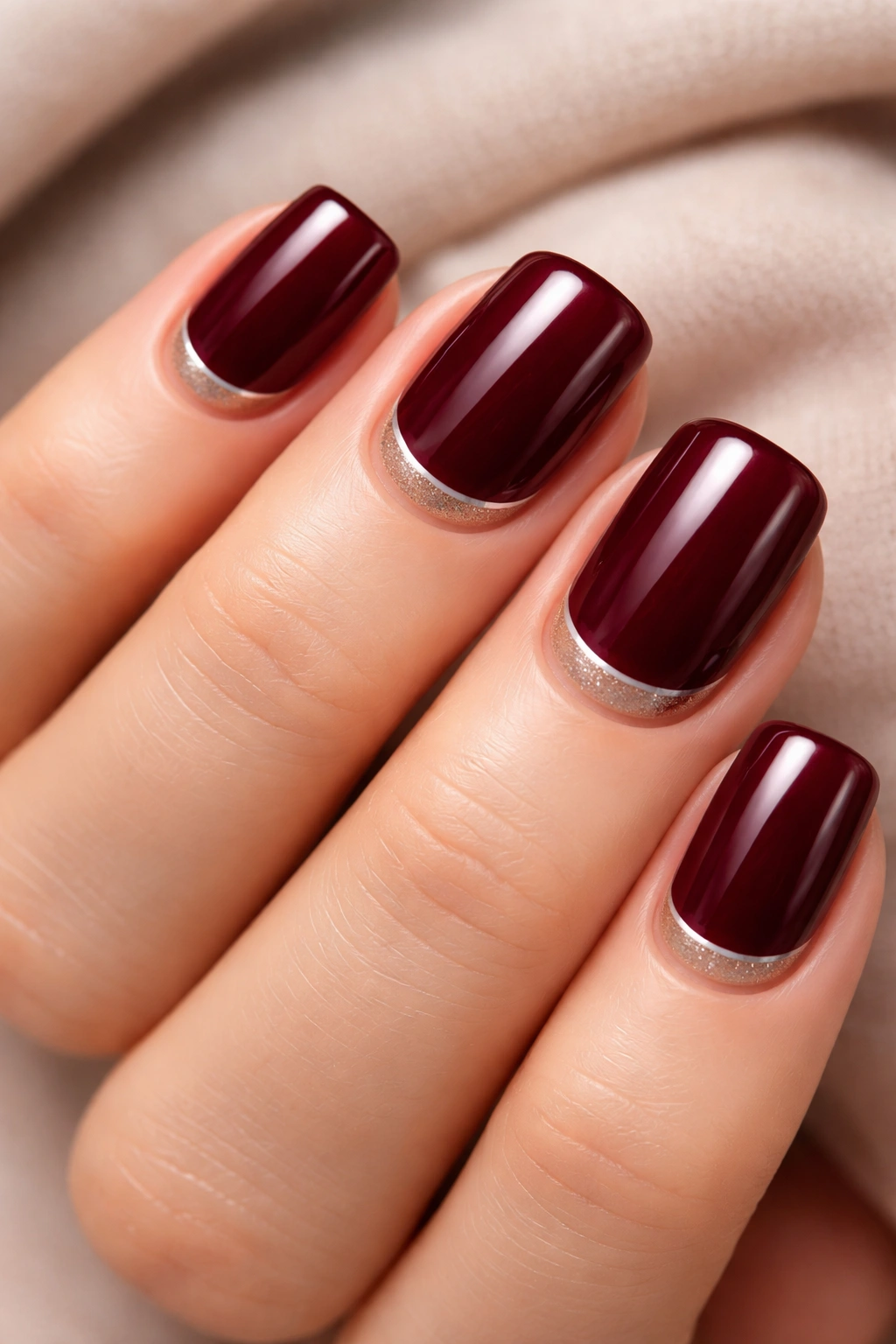 Close-up of short burgundy nails with reverse French near the cuticle