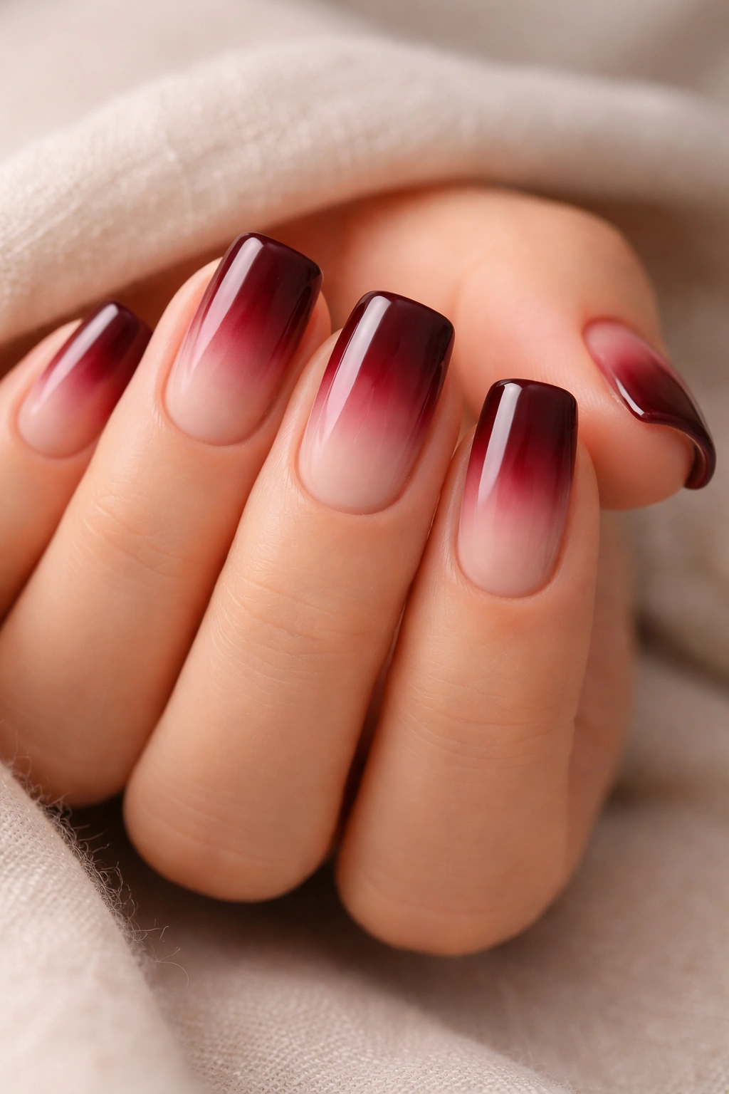 Short squoval nails with burgundy tips fading to nude near cuticle