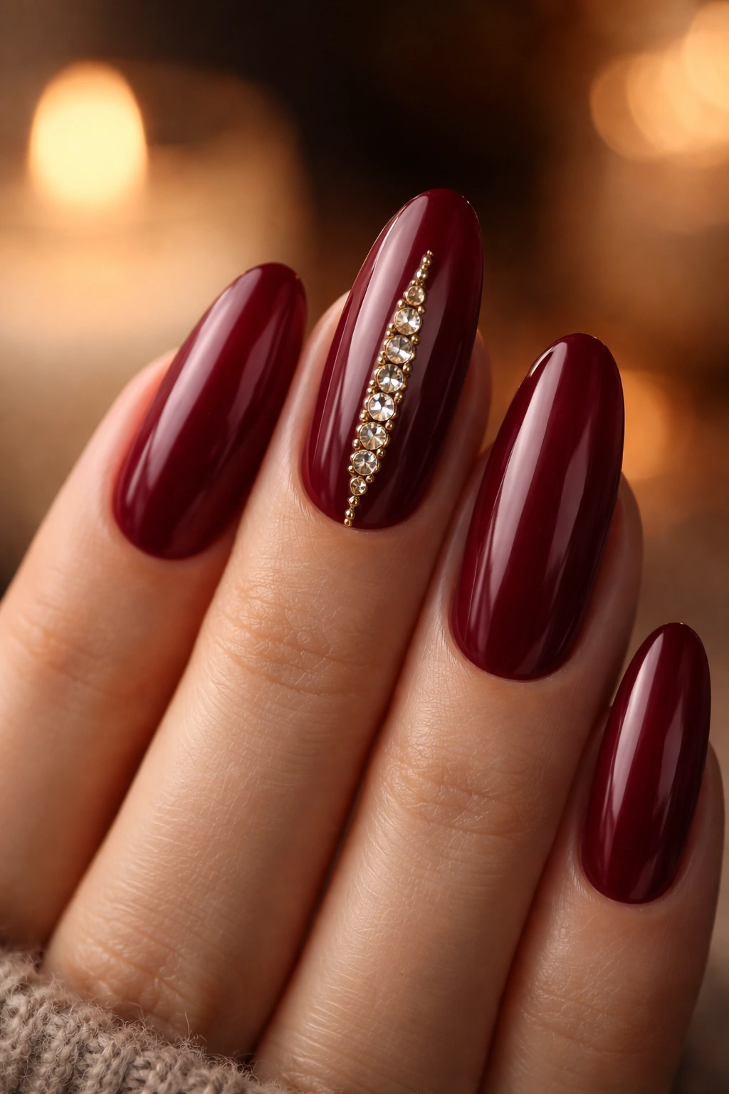 Close-up of deep burgundy long oval nails with gold-set rhinestones on a hand