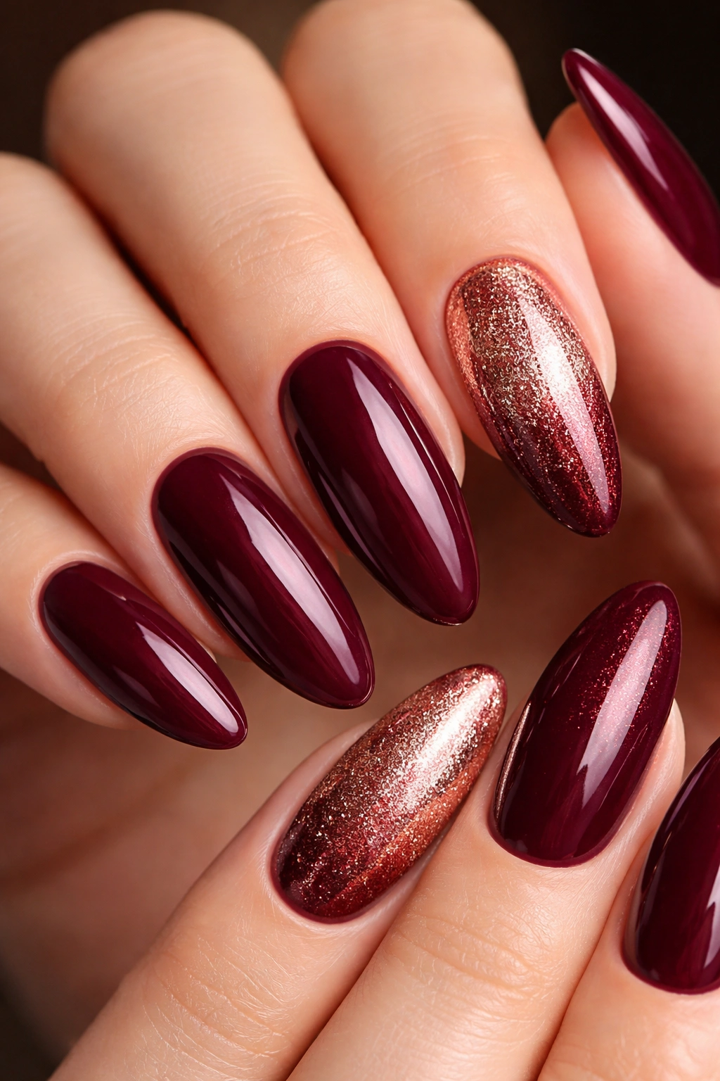 Nails with burgundy base and rose gold metallic dust accents on accent nails