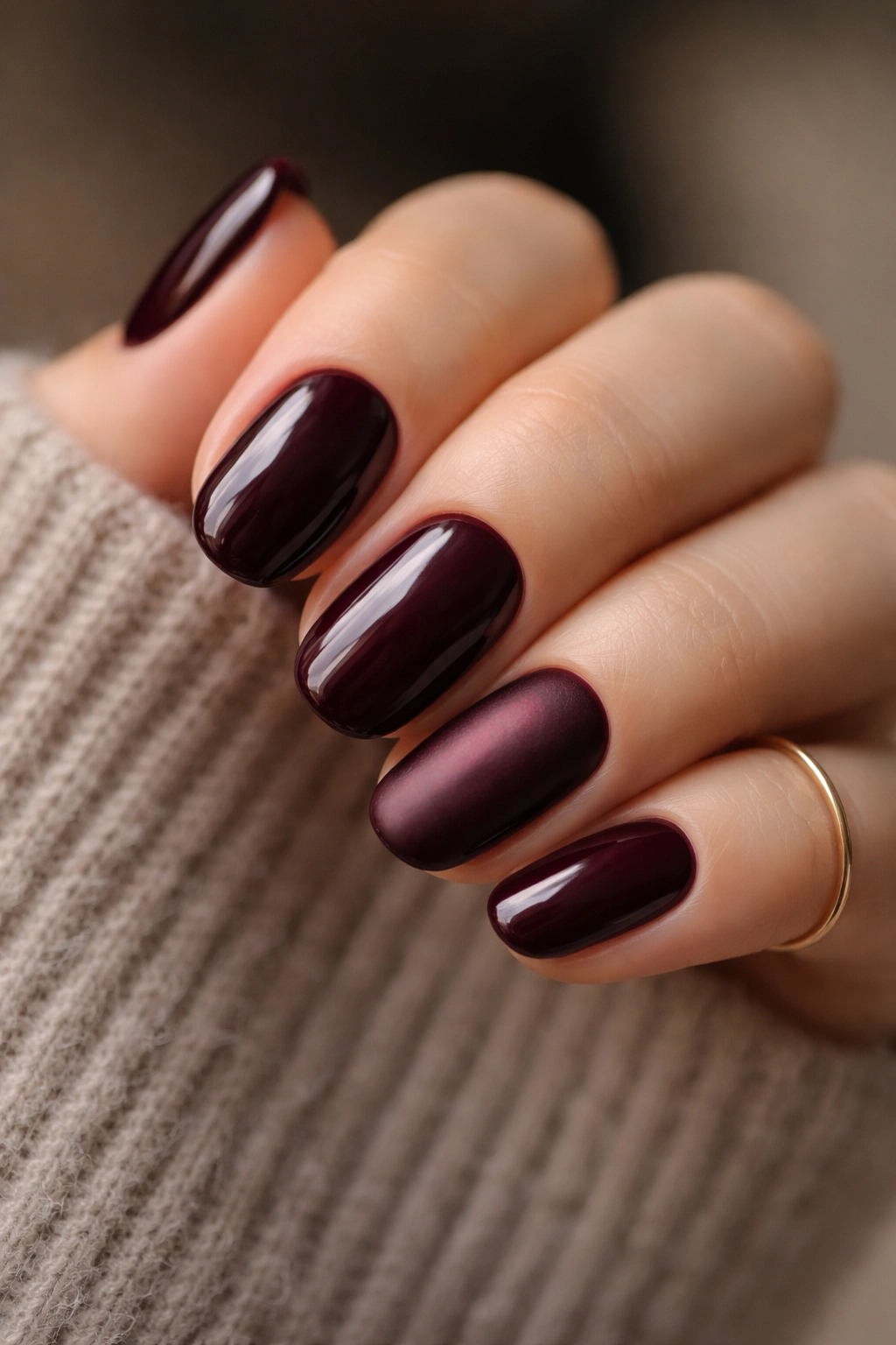 Nails with four glossy burgundy nails and one satin accent nail