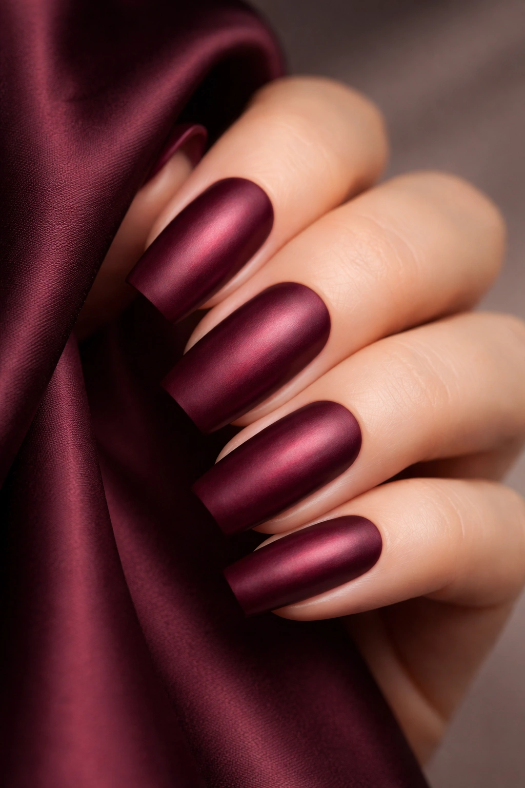 Close-up of long squoval nails in deep burgundy with satin finish