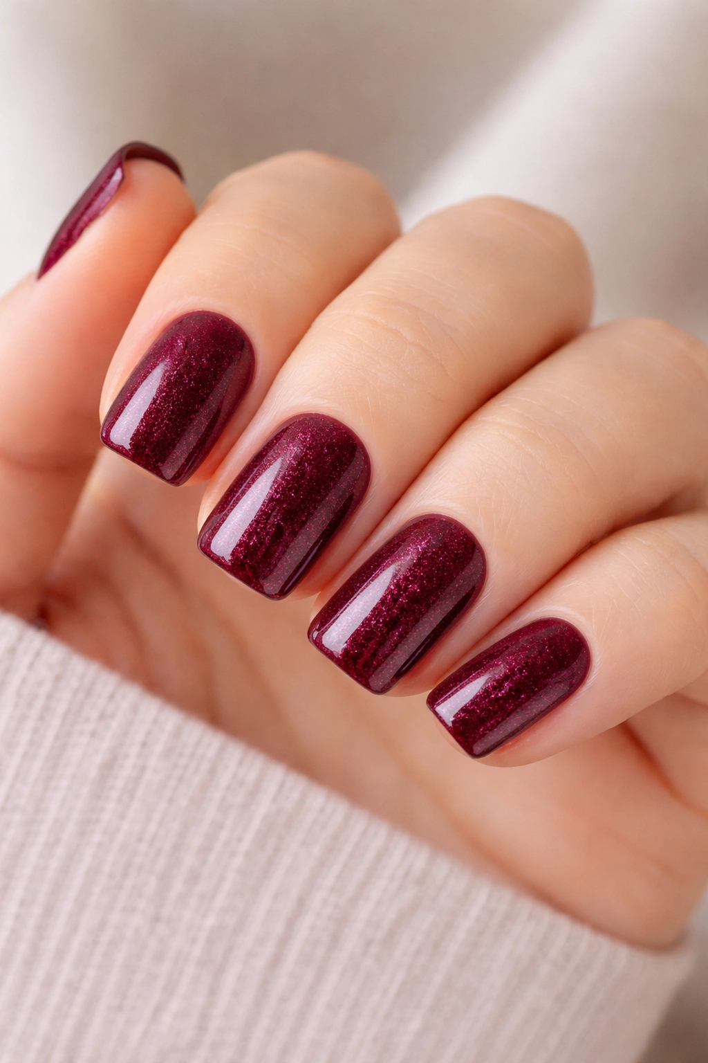 Close-up burgundy nails with subtle shimmer catching light