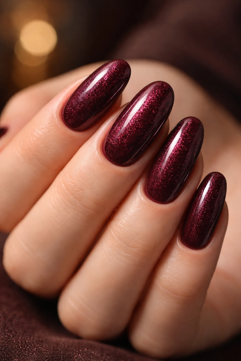Close-up of deep burgundy long round nails with subtle shimmer
