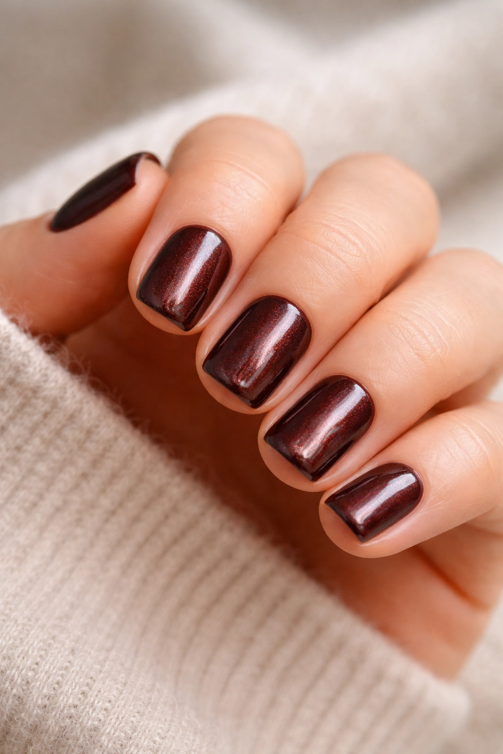 Short squoval nails in burgundy chocolate brown with subtle metallic shimmer