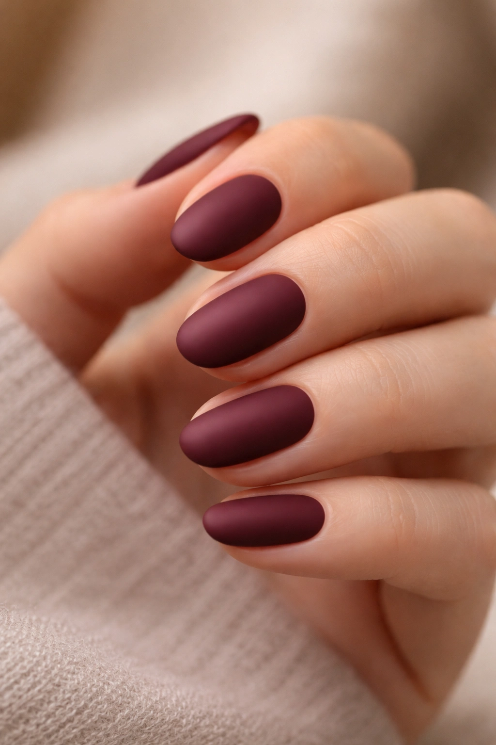 Close-up of short oval nails in deep burgundy with a matte finish