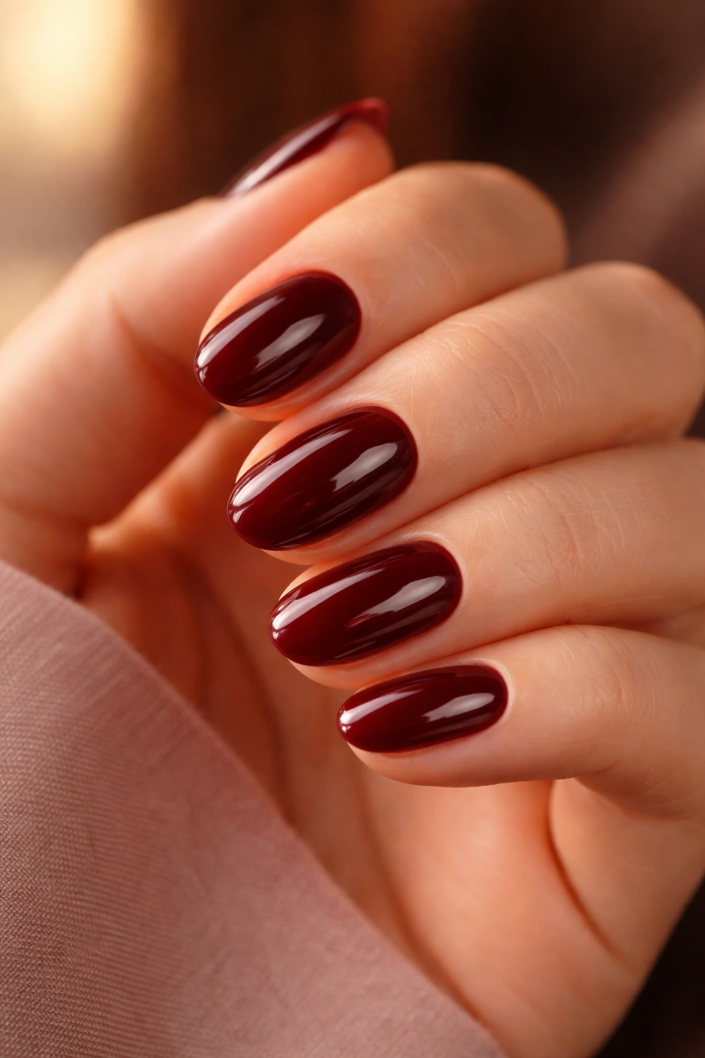 Close-up of deep burgundy gel nails on short oval nails with a glossy finish