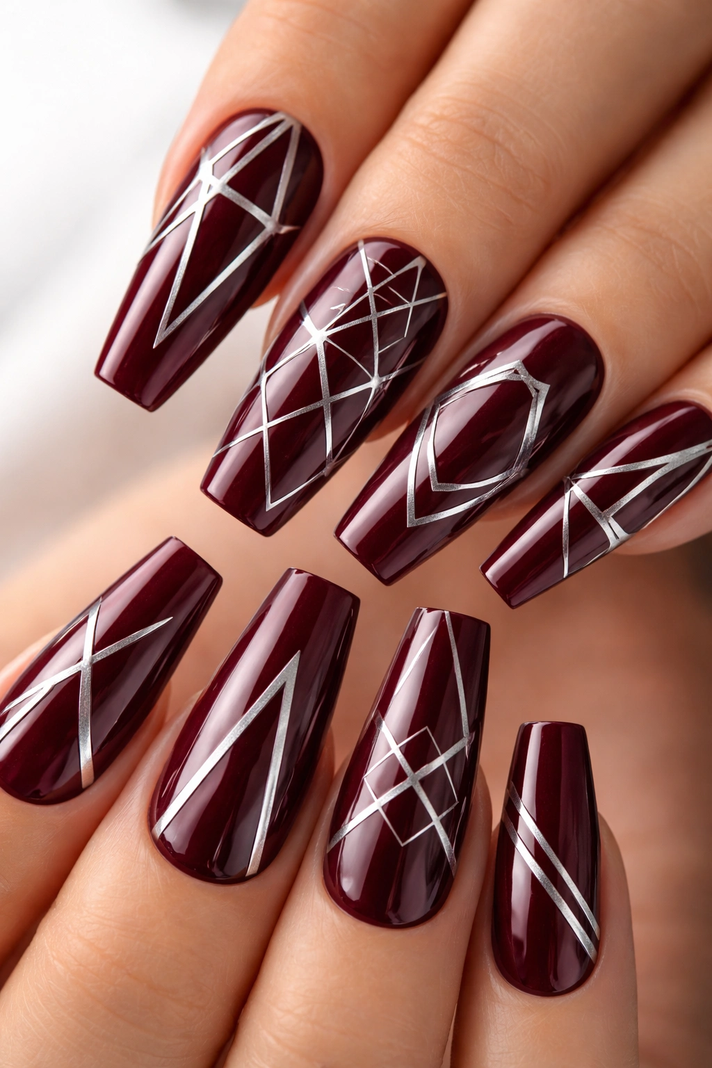 Coffin nails burgundy with silver geometric patterns