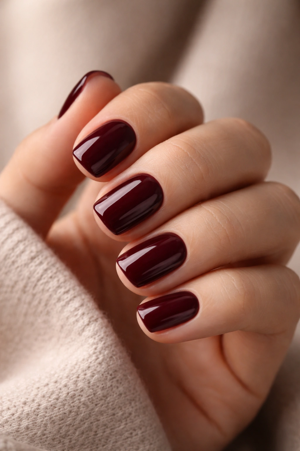 Close-up of short burgundy squoval nails with deep, elegant finish