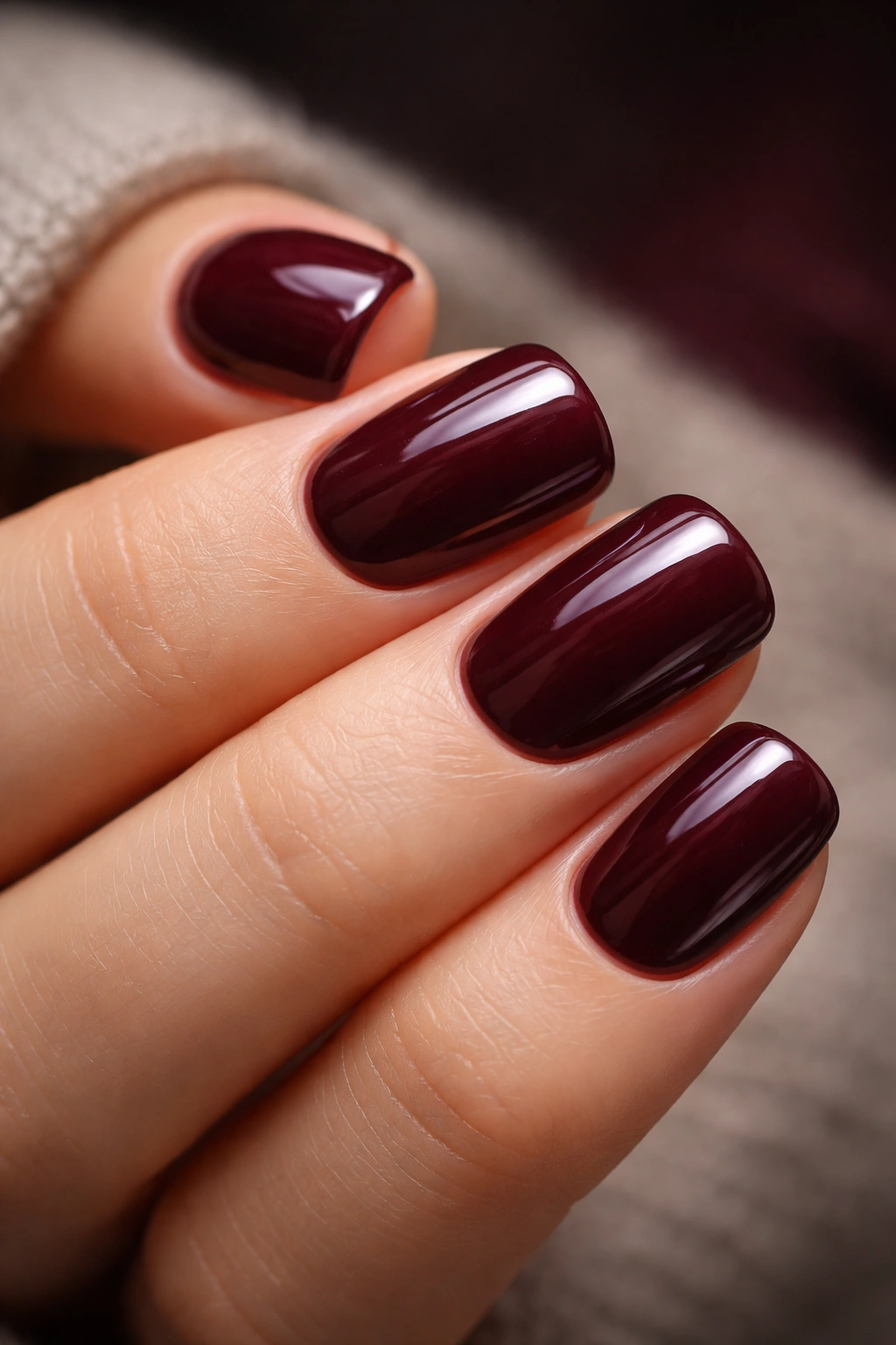 Close-up of short squoval nails in deep burgundy with blue undertone