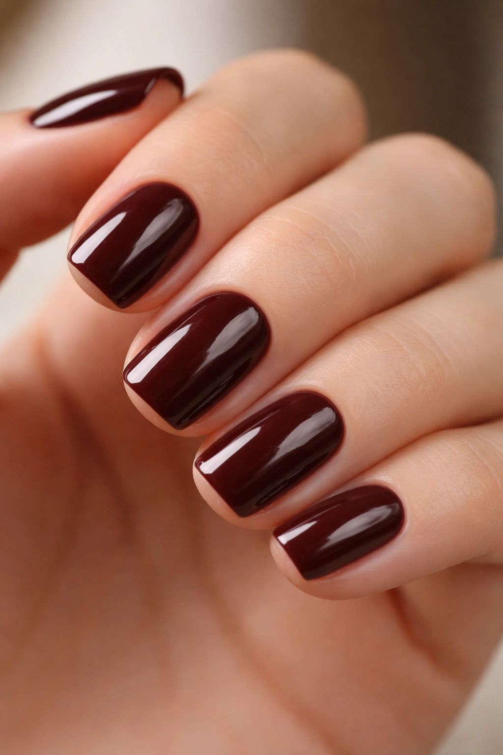 Close-up of short squoval nails in warm burgundy polish