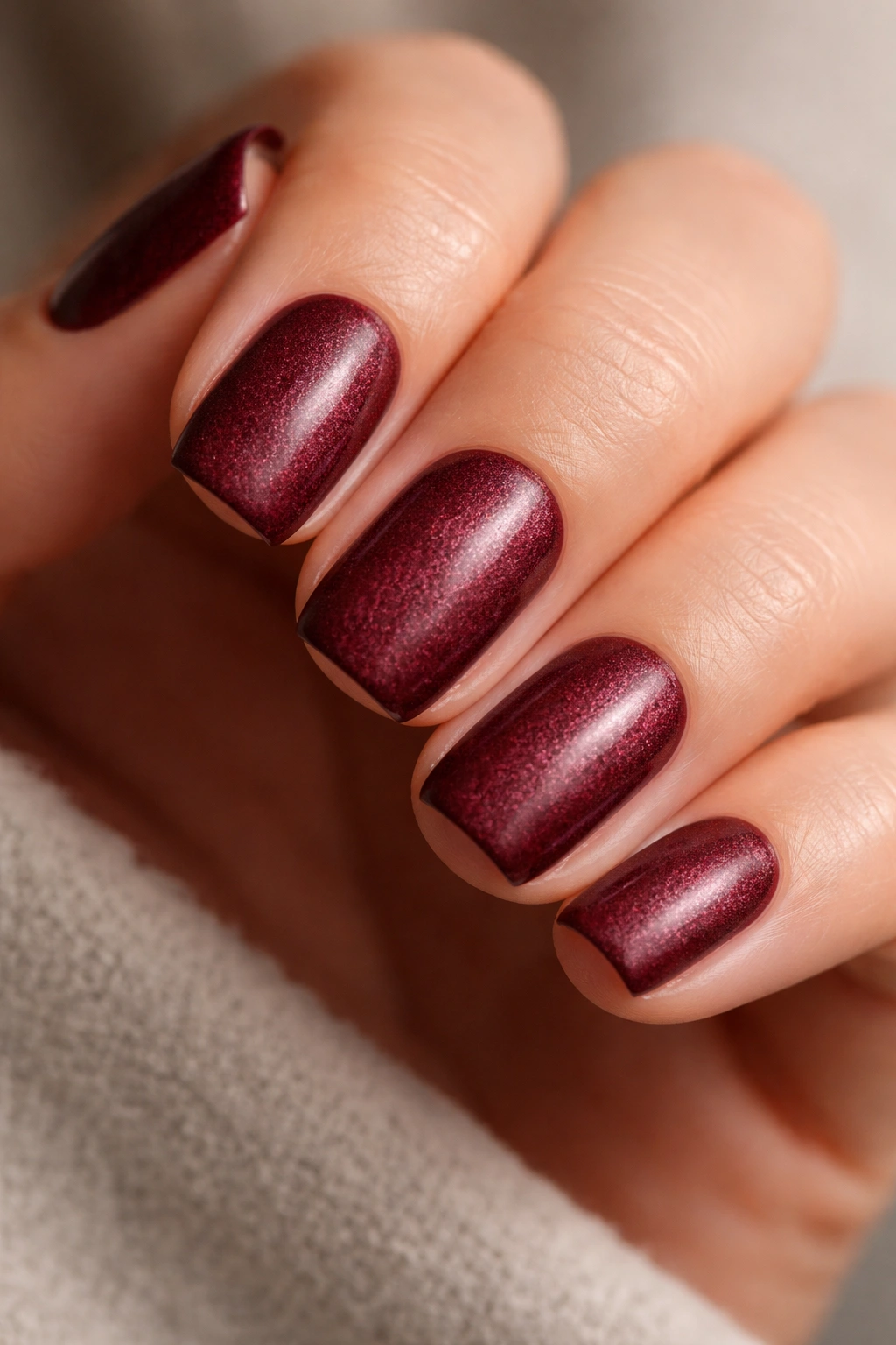 Close-up of deep burgundy textured nails on short squoval shape