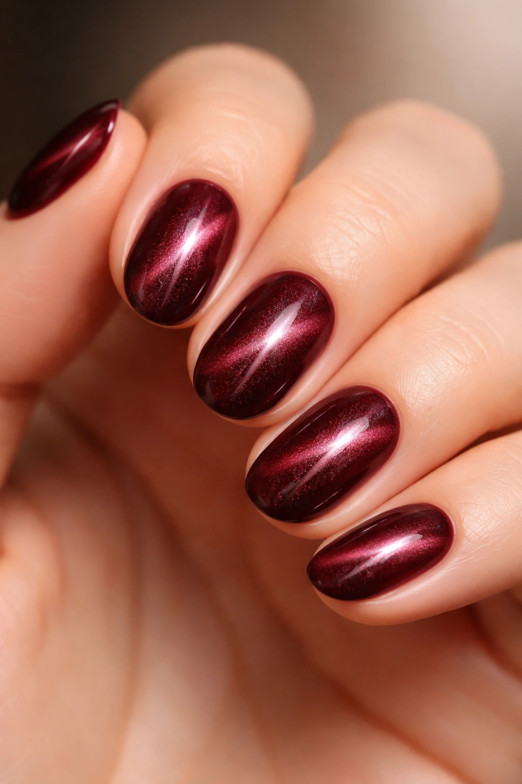 Short oval burgundy nails with cat-eye shimmer in a velvet finish