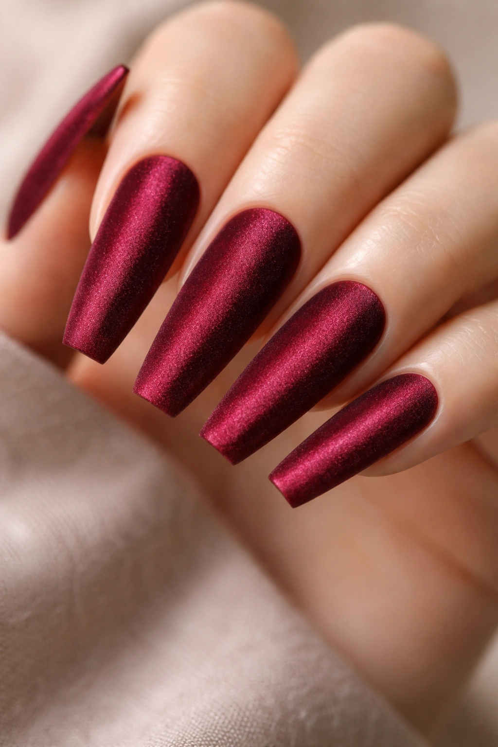 Close-up of burgundy nails with velvet texture finish