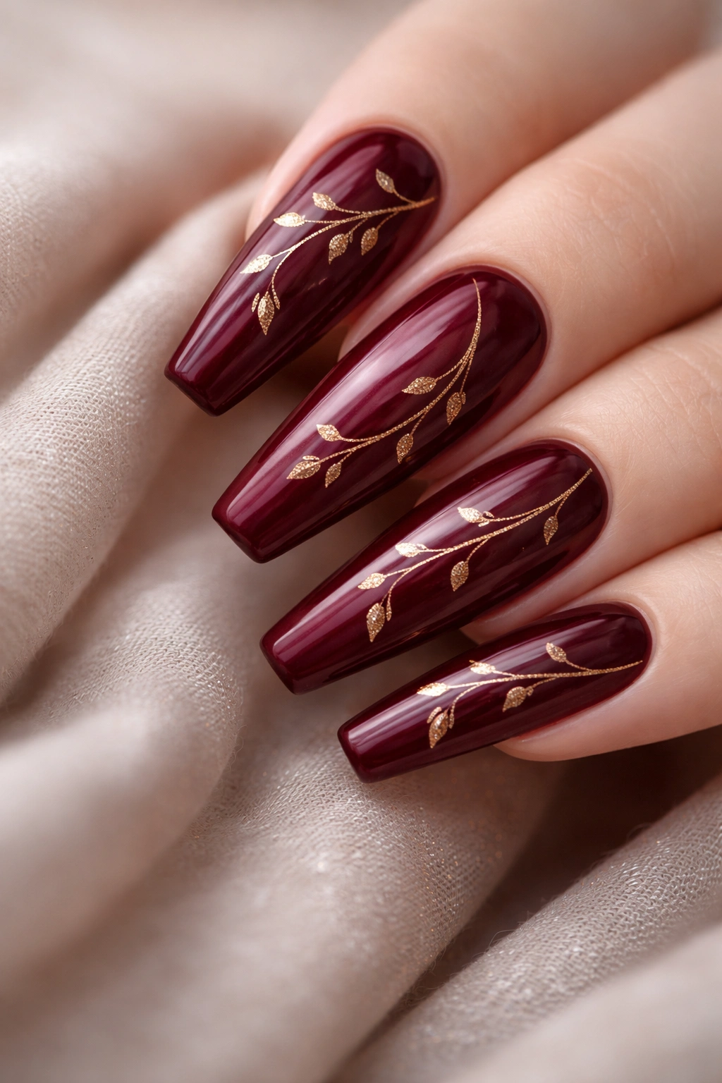 Burgundy nails with a subtle gold vine pattern