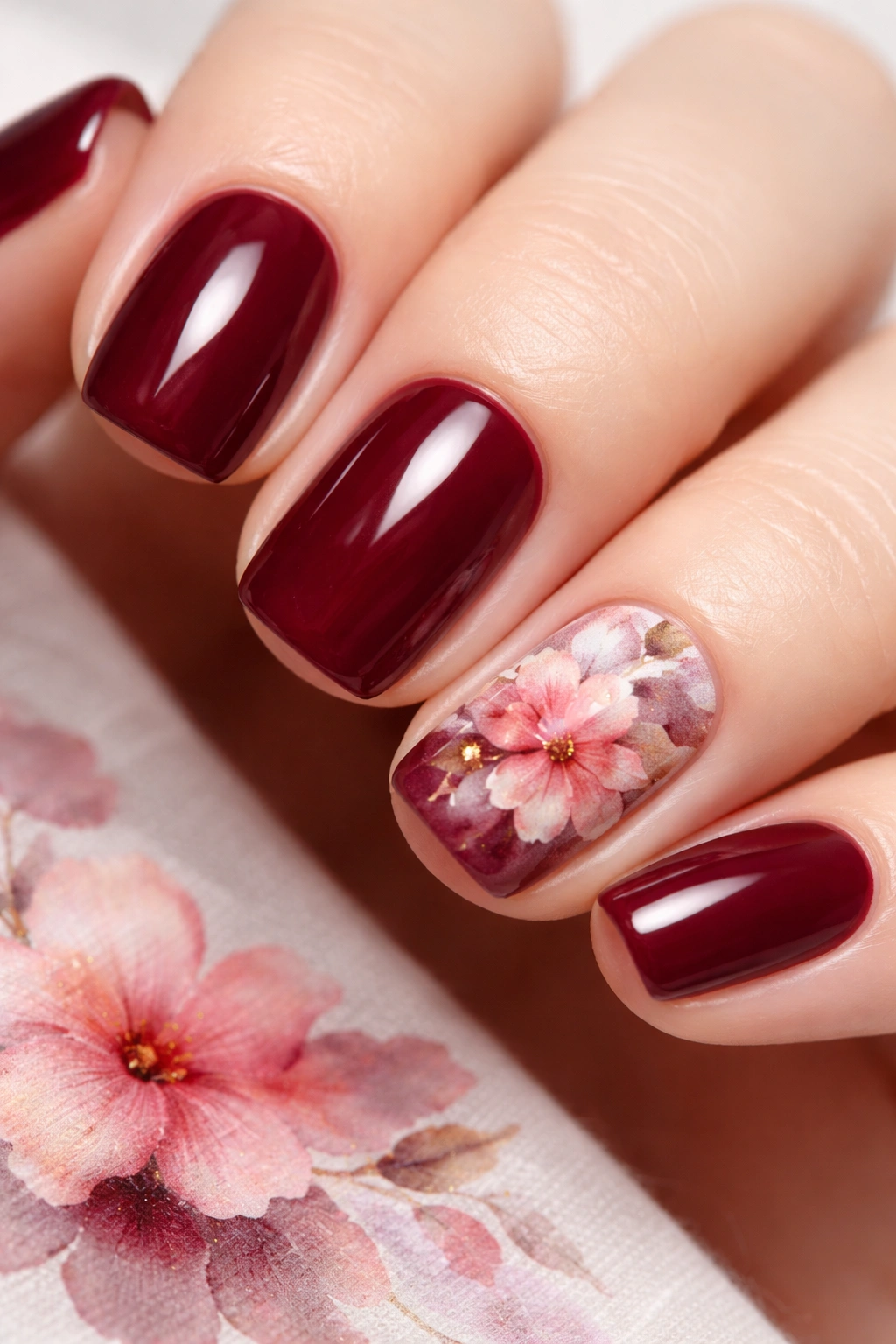 Burgundy nails with watercolor floral accents on accent nail