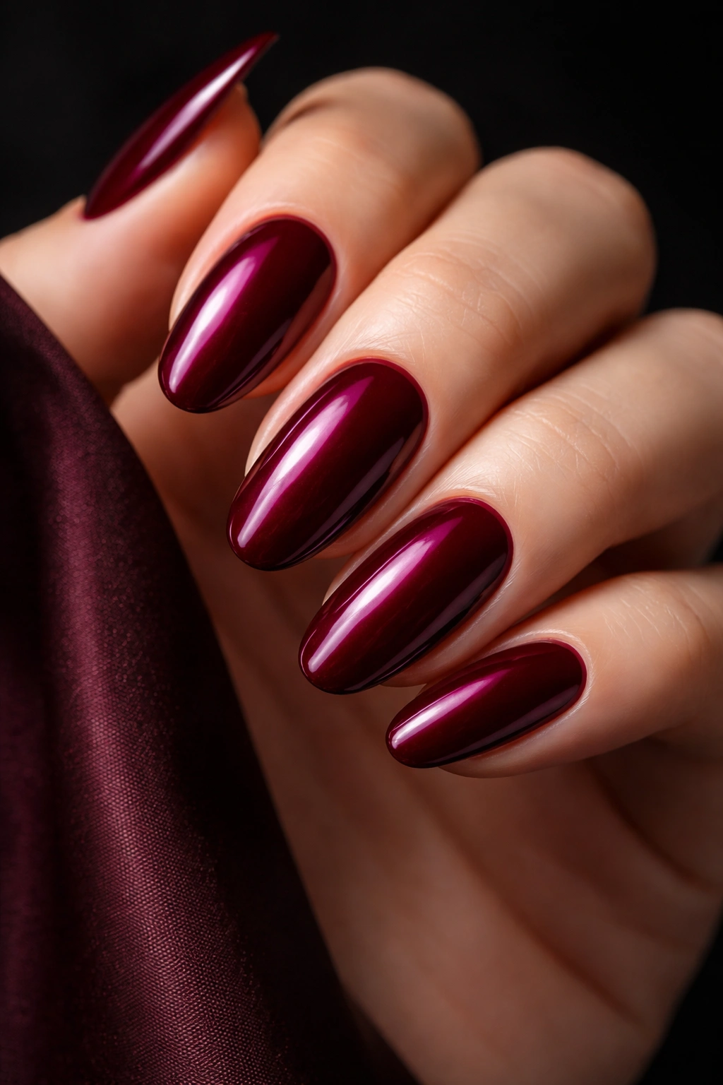 Close-up of hand with deep burgundy nails, glossy finish.