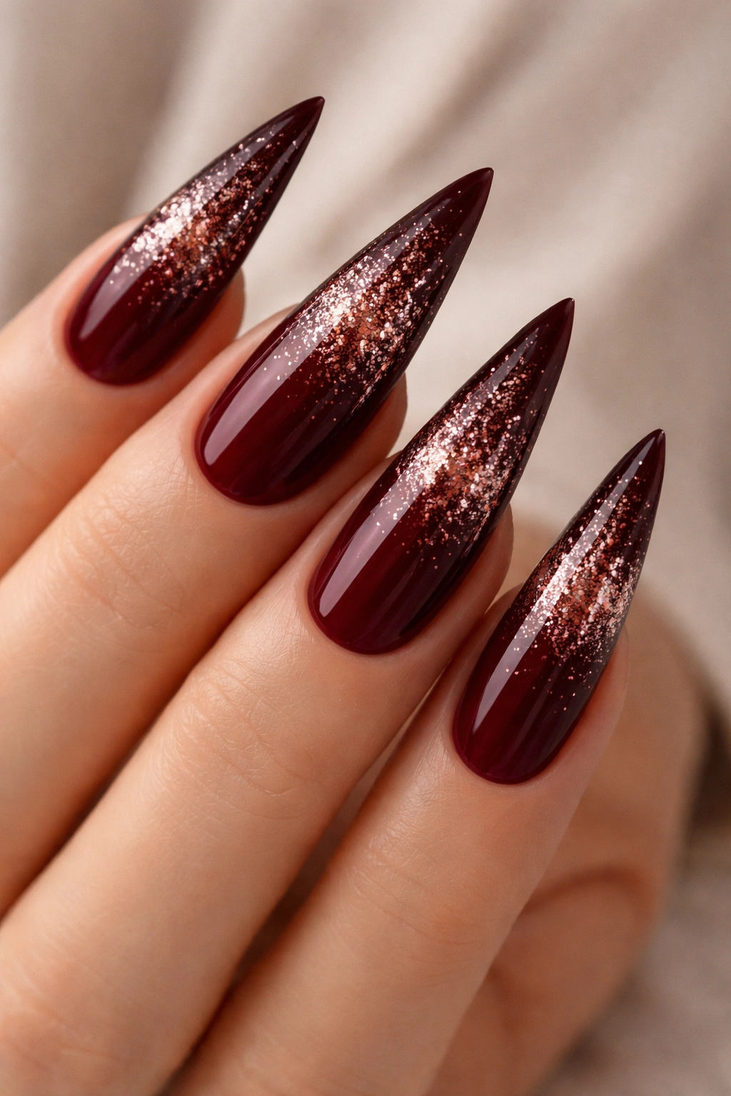 Close-up of burgundy ombre stiletto nails with glitter fade on a neutral backdrop