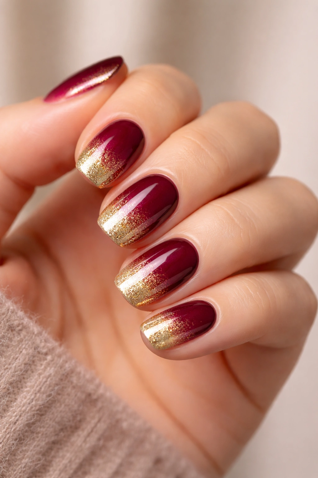 Close-up of burgundy nails fading into gold tips.