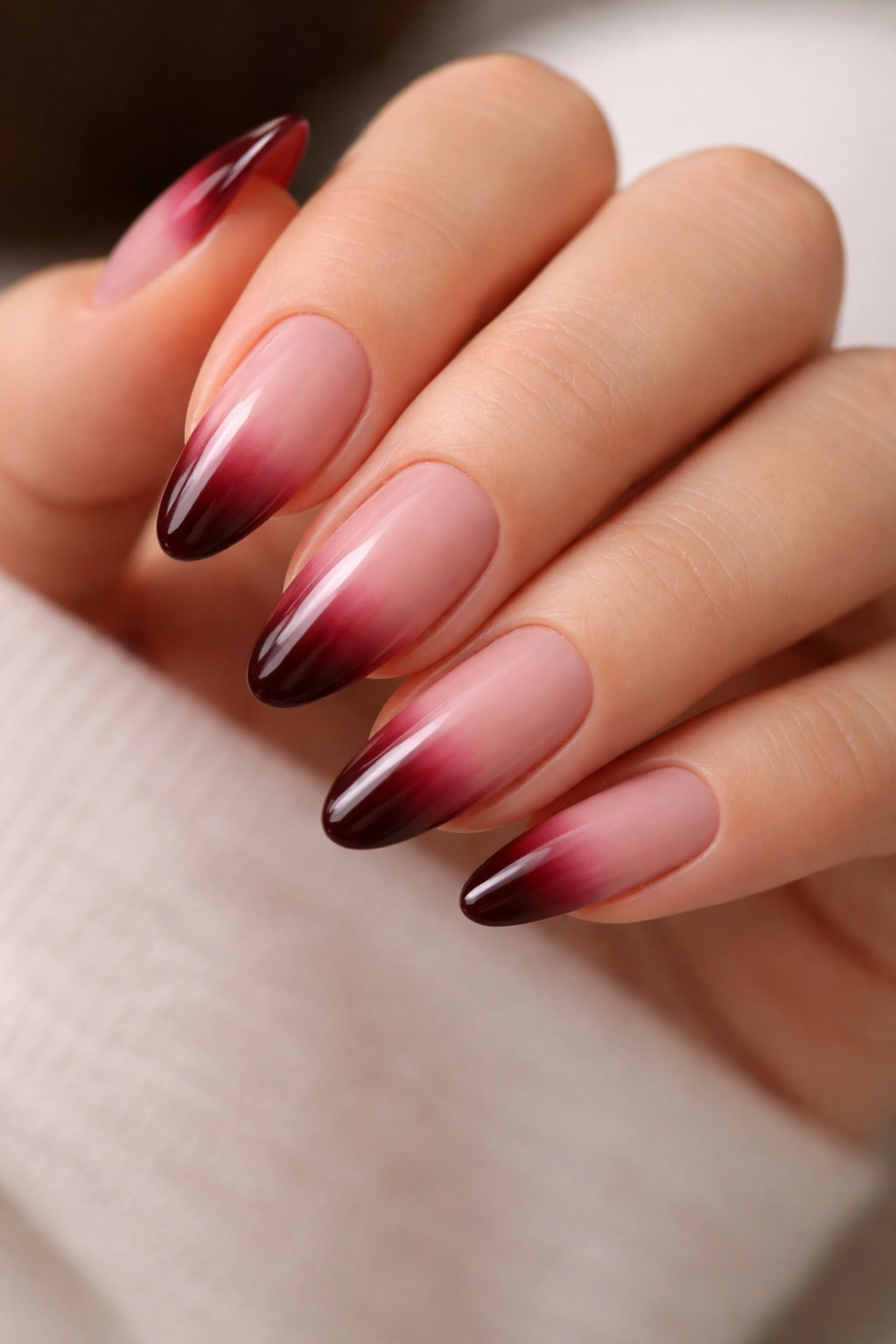 Almond nails with burgundy ombre French tips