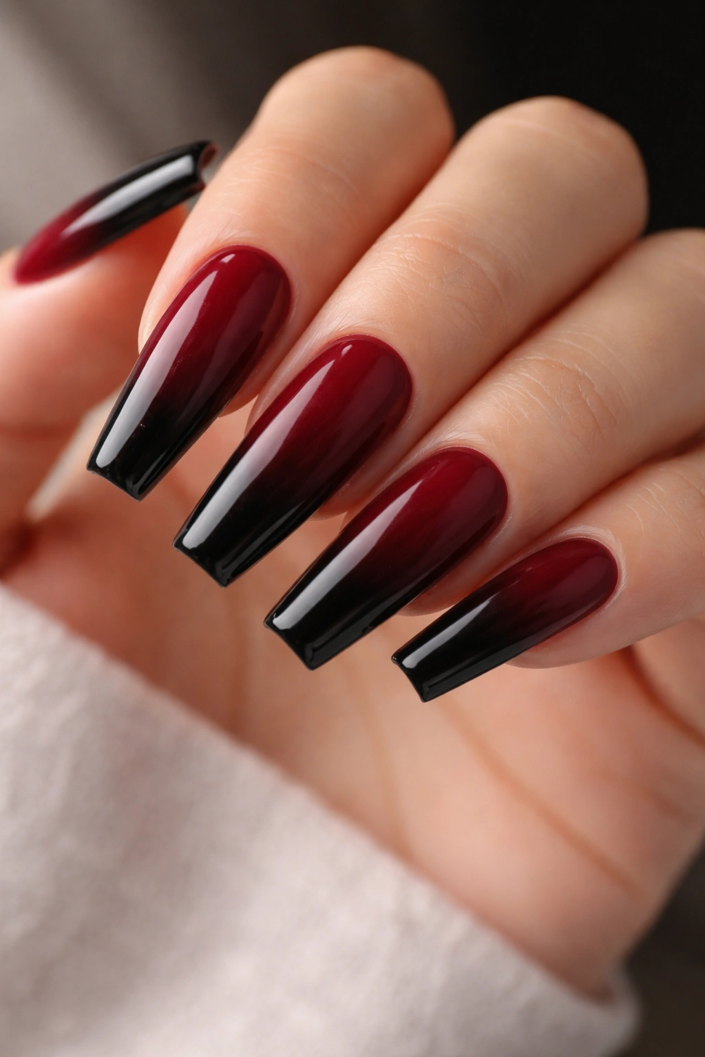 Coffin nails with burgundy to black ombre