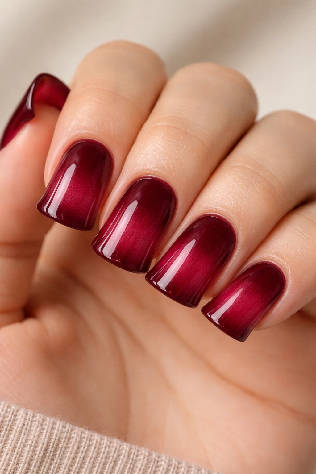 Close-up of short burgundy ombre duck nails with gradient from dark base to lighter tip