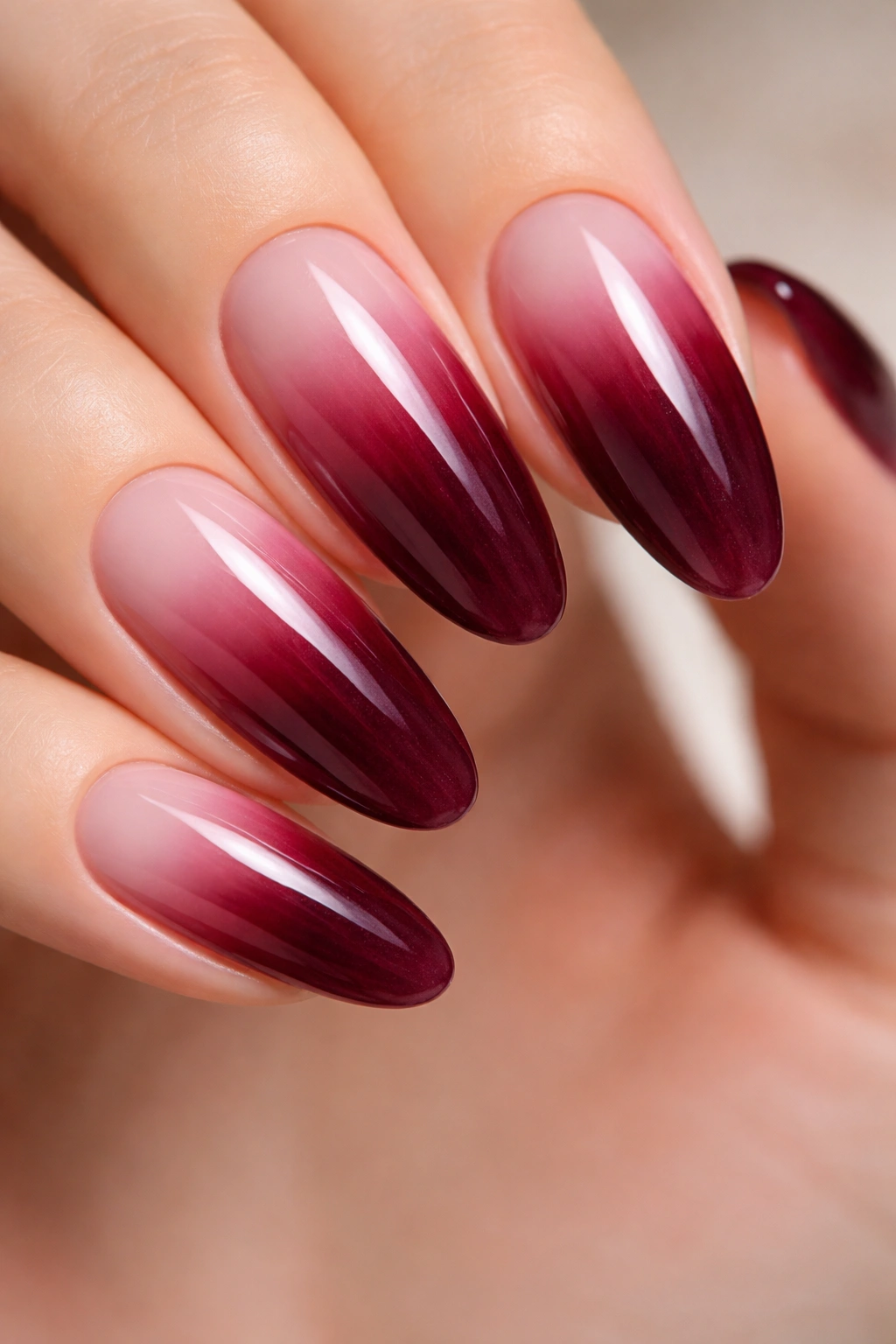 Close-up of burgundy ombré nails fading to nude with soft lighting
