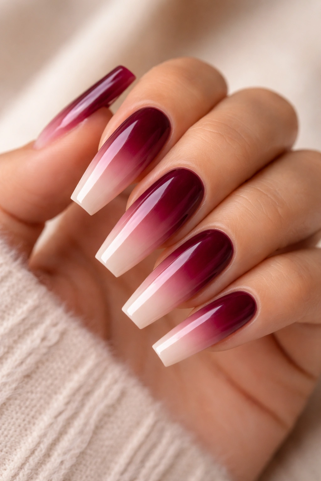 Burgundy to nude ombre on coffin nails