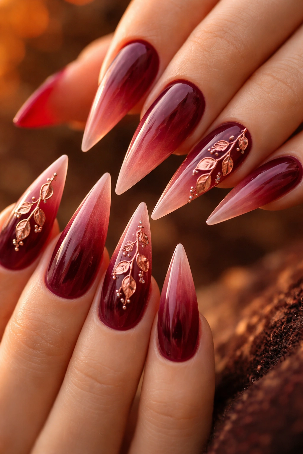 Burgundy ombre stiletto nails with rose gold leaf charms cascading toward tips.
