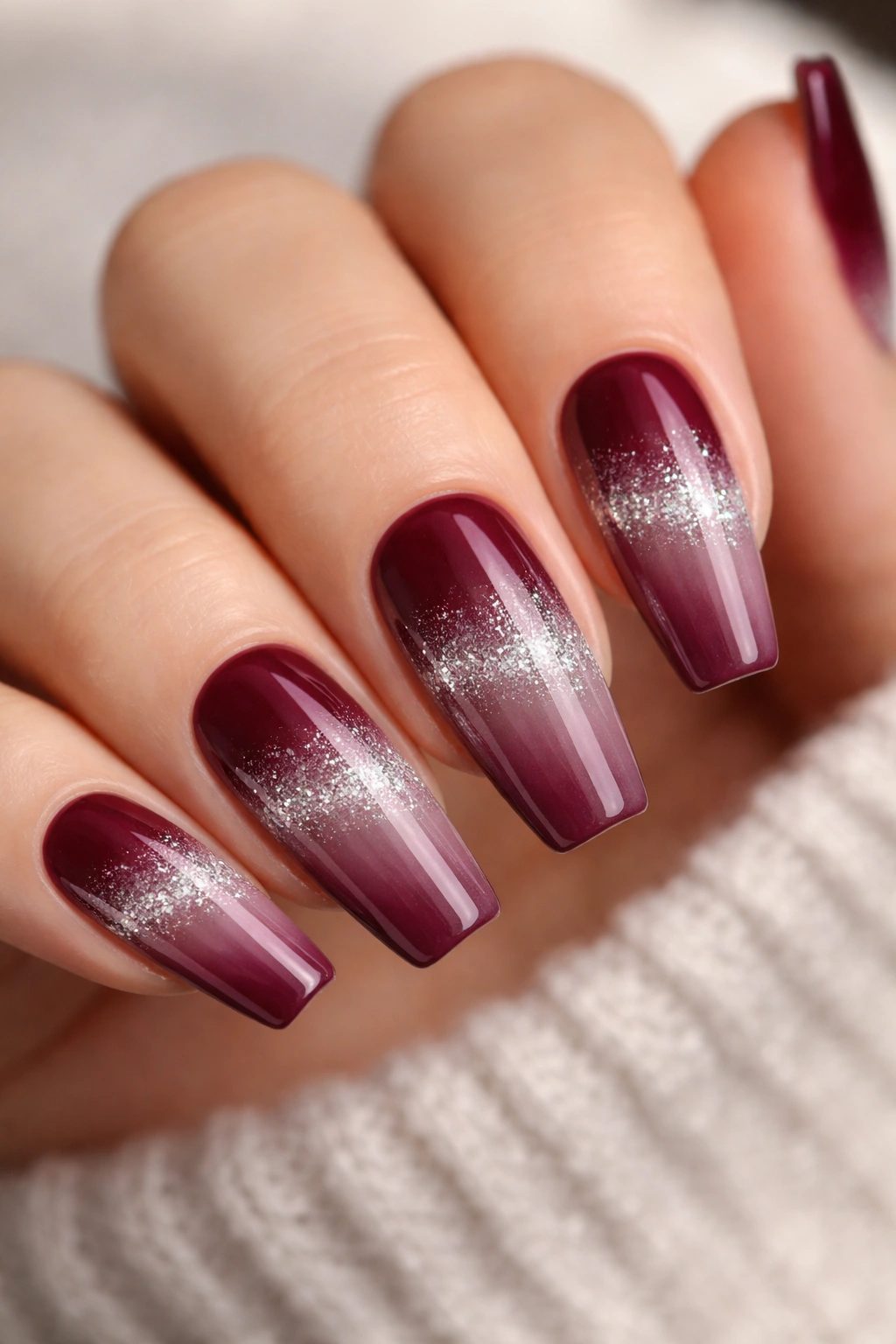 Burgundy ombré coffin nails with silver sparkle middle