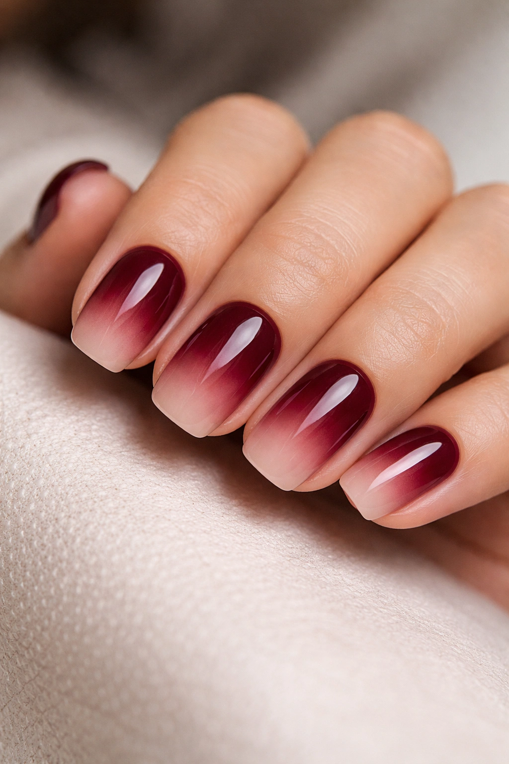 Nail ombre from burgundy to nude on short squoval nails.