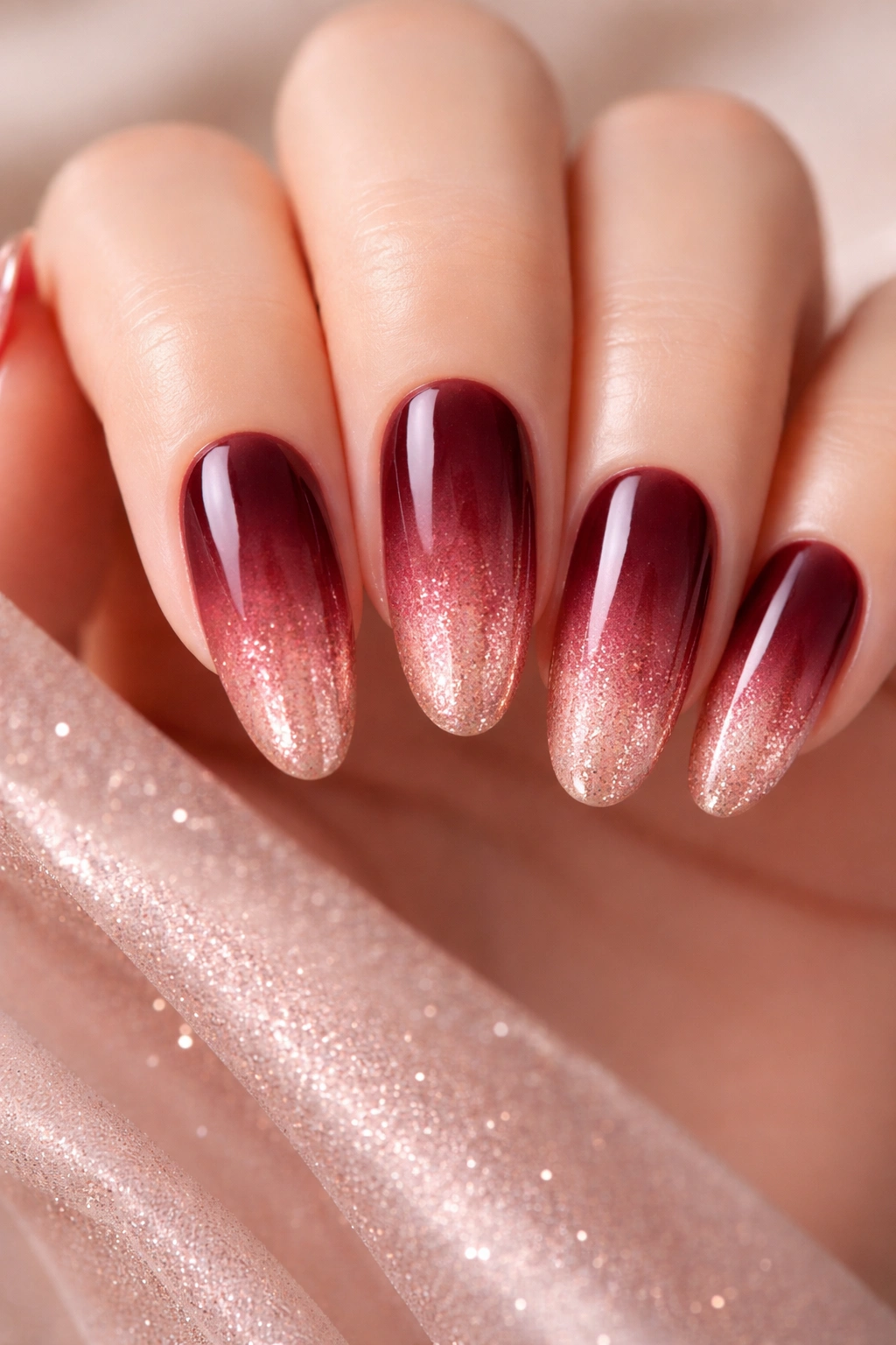 Close-up of burgundy to rose gold ombre on long oval nails