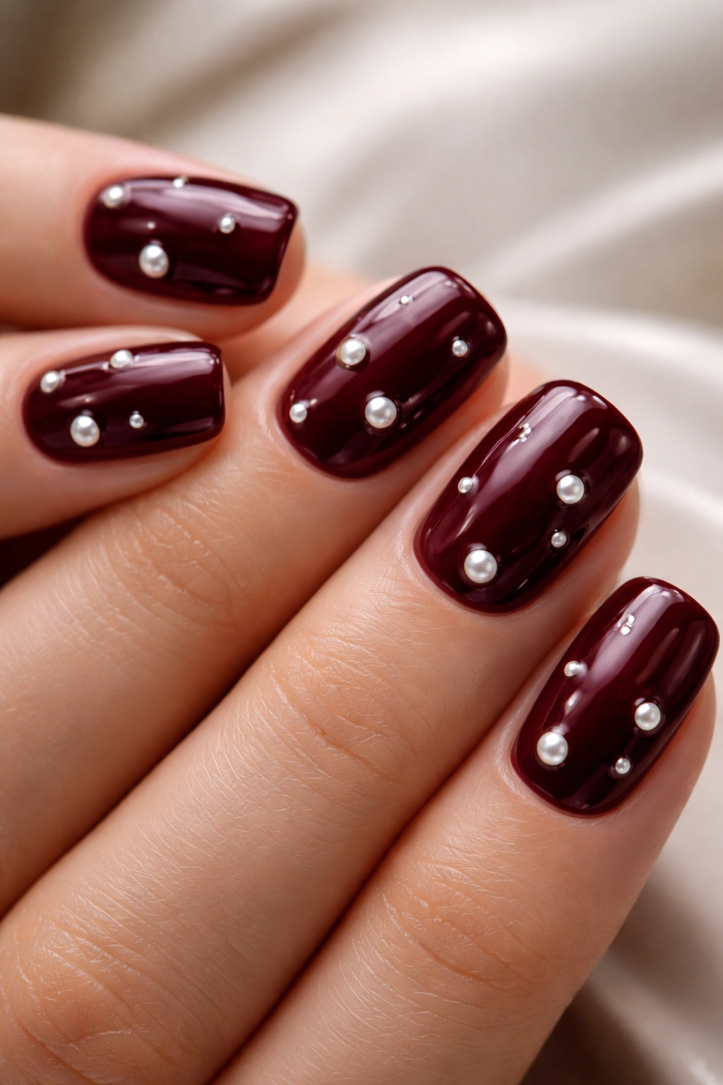 Burgundy nails with embedded small pearls inlay details