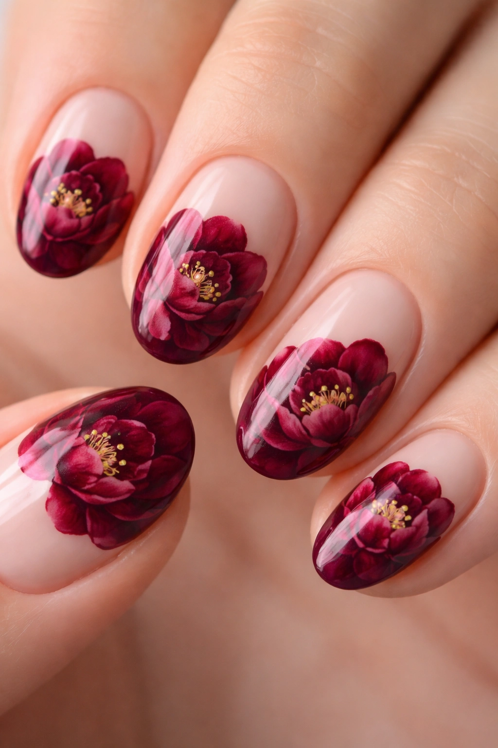 Close-up of burgundy peonies on nude almond nails with negative space