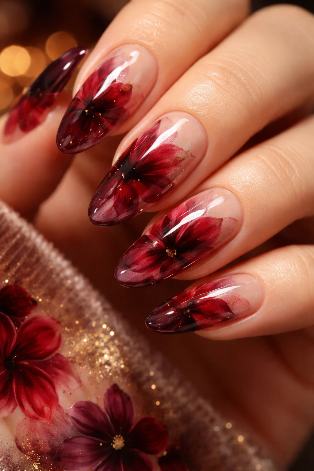 Nails with burgundy and red blossom blooms on nude base