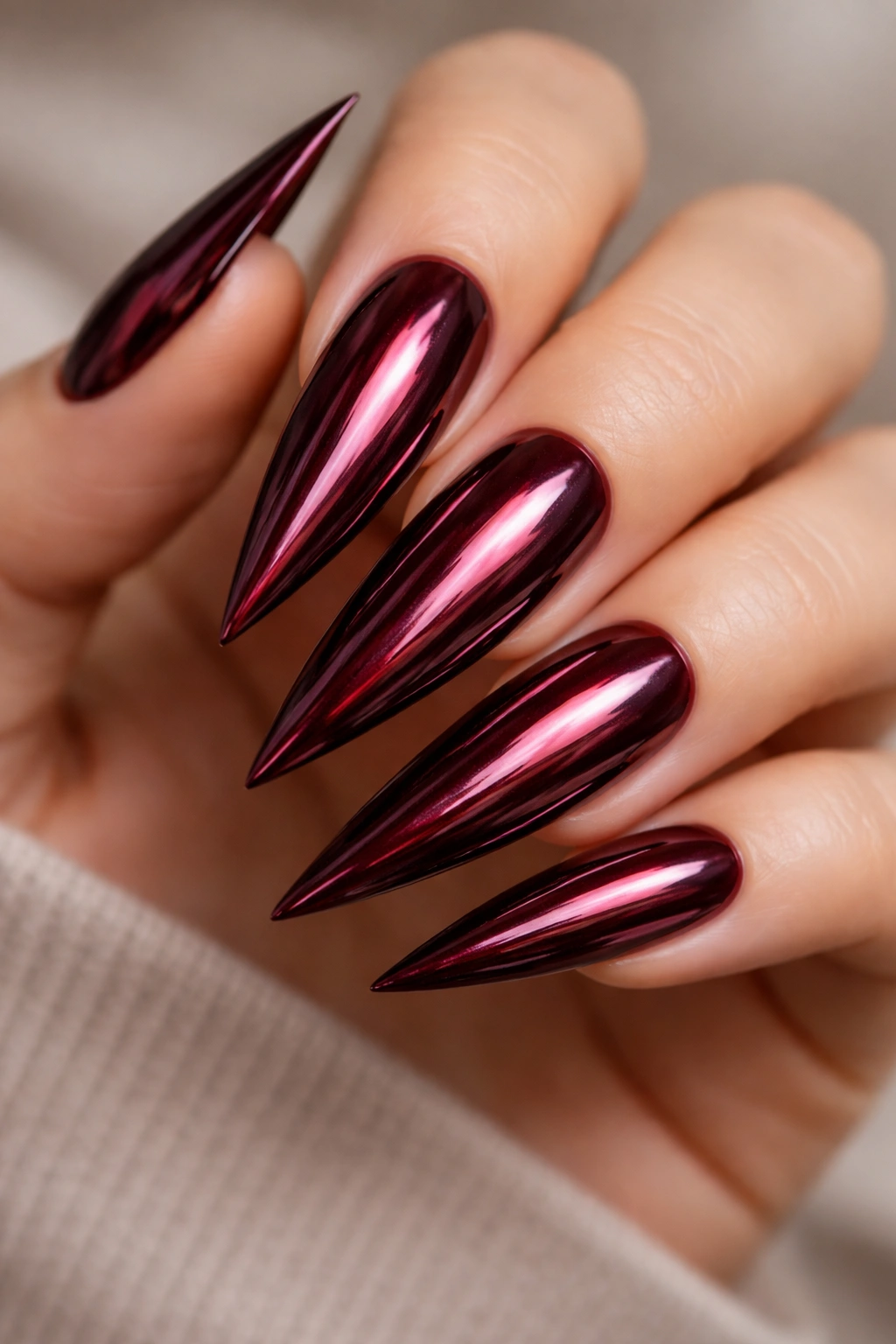 Burgundy dark red nails with chrome mirror finish.