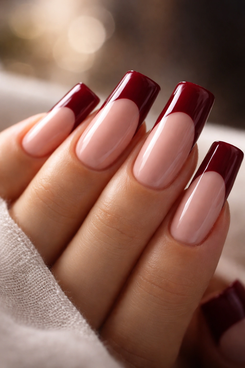 Duck nails with burgundy deep red tips on nude base