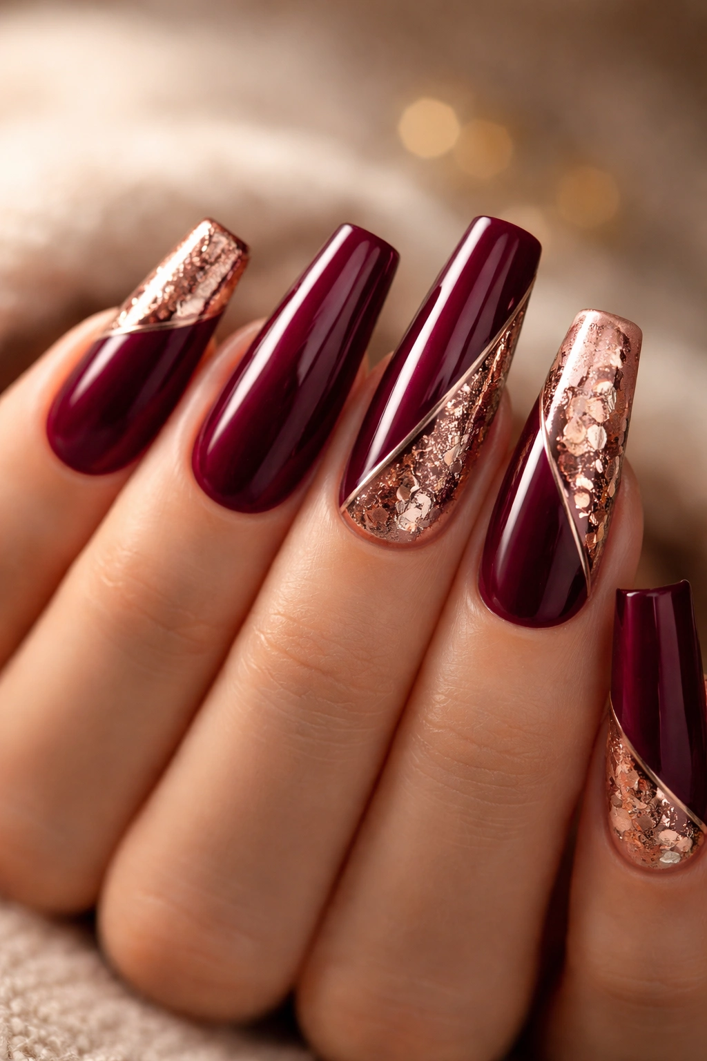 Close-up of burgundy nails with rose gold accents