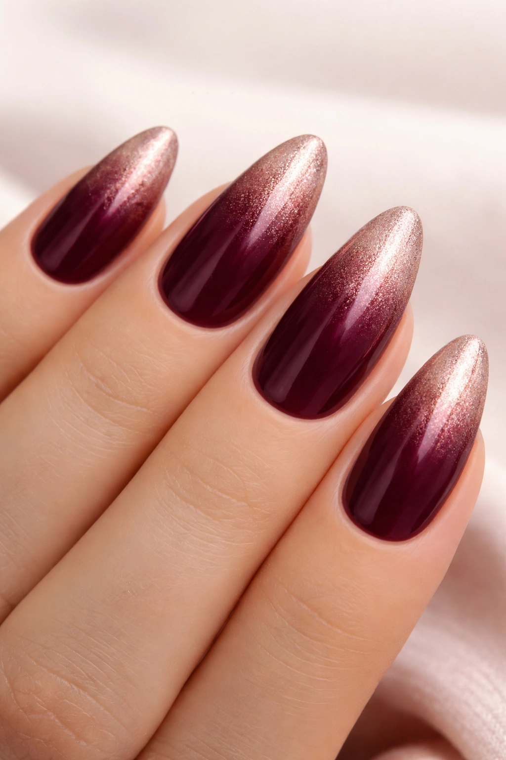 Macro close-up of almond nails gradient burgundy to rose gold with metallic tip