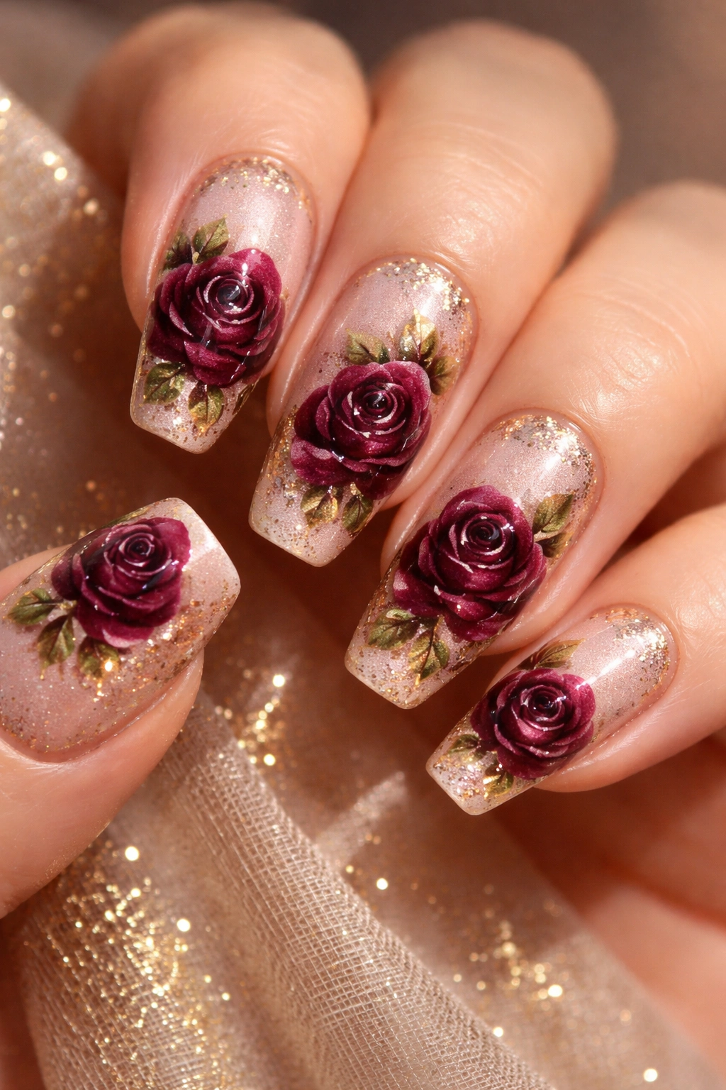 Burgundy rose manicure with shimmering nude base and gold accents