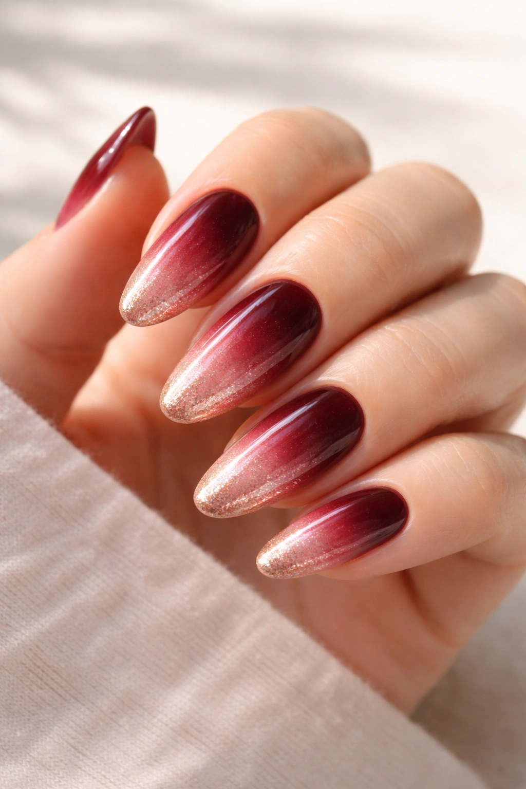 Close-up of long oval nails in burgundy to rose gold ombre with glossy finish