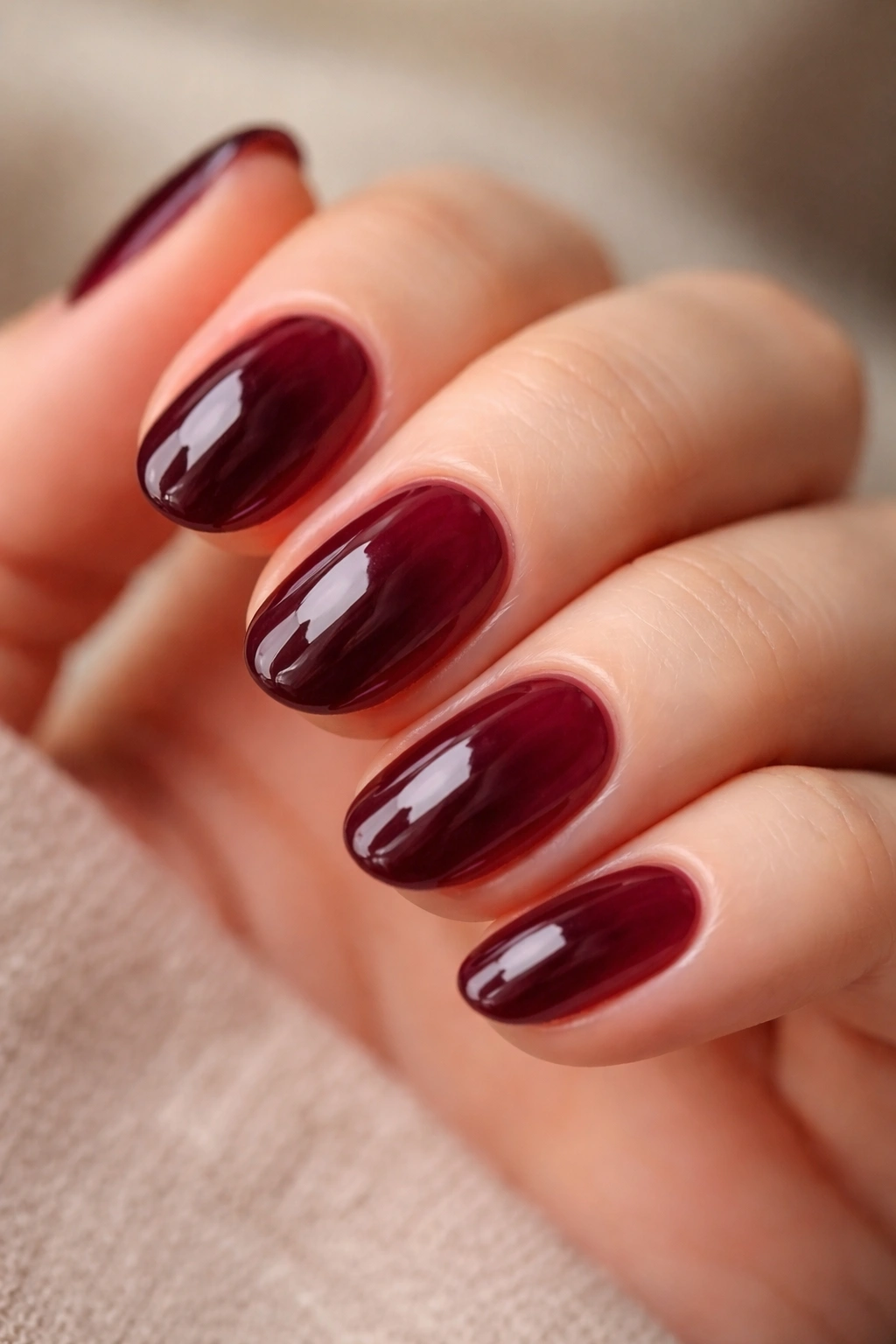 Close-up of short oval nails with sheer burgundy jelly polish showing nail bed