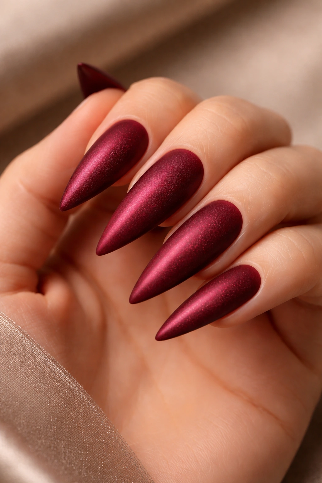 Close-up of burgundy red stiletto nail with subtle sparkle and matte finish