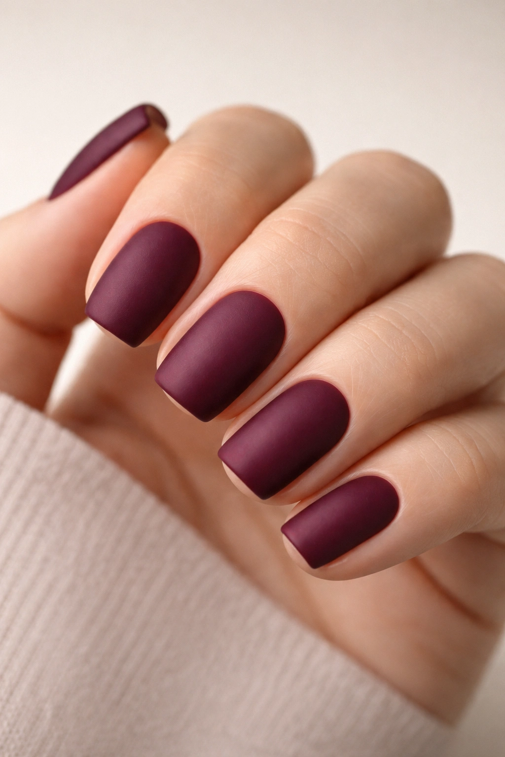 Close-up of deep burgundy squoval nails with a matte finish