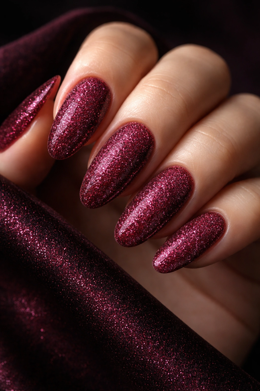 Deep burgundy sugar nails with sparkling texture