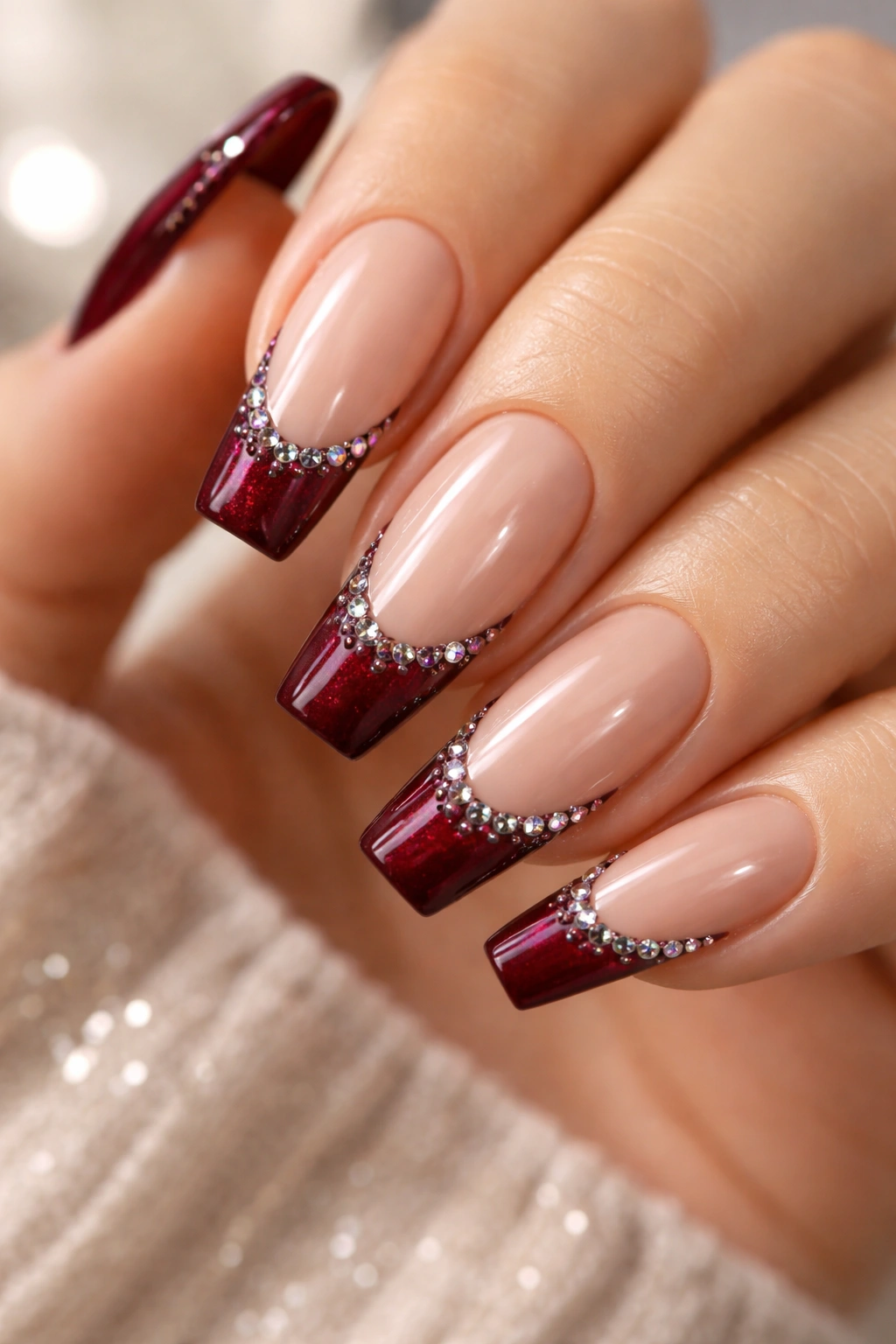 Nails with burgundy tips and micro crystal embellishments
