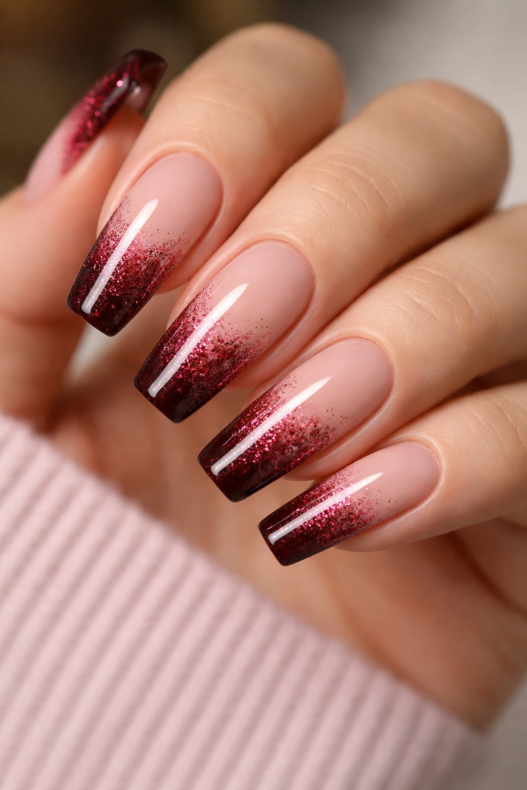 Nude-to-burgundy manicure with burgundy glitter gradient on tips